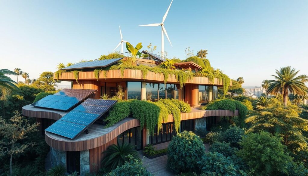 Ein futuristisches, umweltfreundliches Gebäude, umgeben von üppigem Grün, ausgestattet mit integrierten Solarpaneelen und Windturbinen. Es besteht aus natürlichen Materialien wie Holz und Stein, verfügt über große Fenster für viel Tageslicht und einen lebendigen urbanen Garten auf dem Dach. Im Hintergrund erstreckt sich ein klarer blauer Himmel.