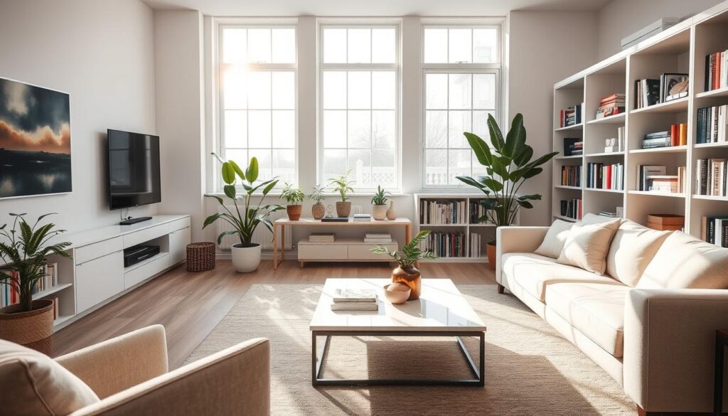 Ein ruhiges und ordentliches Wohnzimmer mit minimalistischen Möbeln, sorgfältig arrangierten Bücherregalen und sanftem, natürlichem Licht, das durch große Fenster strömt. Dekorative Zimmerpflanzen in stilvollen Töpfen und ein aufgeräumter Couchtisch mit dezent platzierten Dekorationsobjekten vervollständigen die harmonische Atmosphäre.