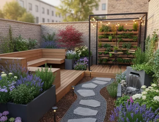 Moderner kleiner Garten gestalten mit Holzterrasse, Sitzbank, vertikaler Bepflanzung und Weg aus Natursteinen.