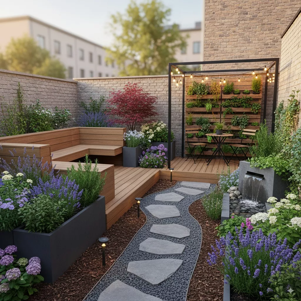 Moderner kleiner Garten gestalten mit Holzterrasse, Sitzbank, vertikaler Bepflanzung und Weg aus Natursteinen.