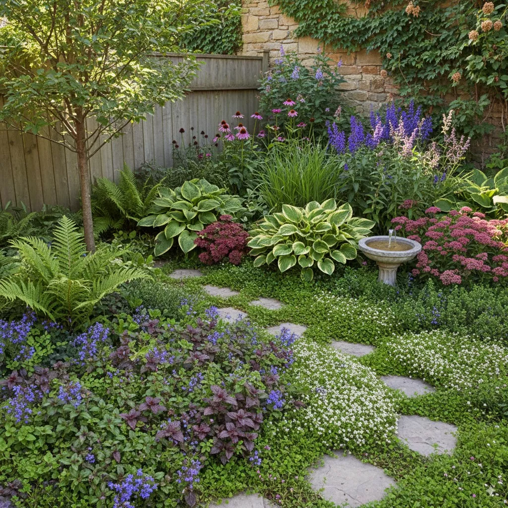 Kleinen Garten gestalten mit Natursteinweg, blühenden Stauden, Bodendeckern und kleinem Wasserspiel.