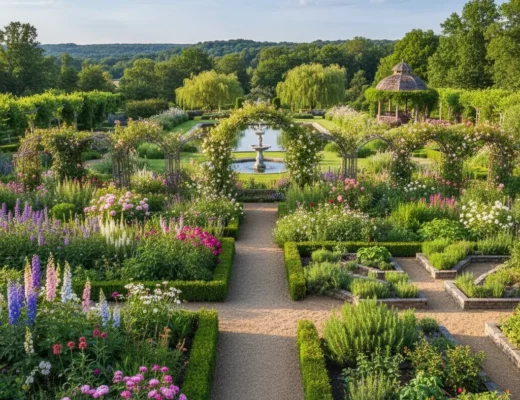 Großen Garten gestalten mit symmetrischen Blumenbeeten, Buchsbaumhecken, Rosenbögen, zentralem Wasserbecken und Pavillon im Hintergrund.