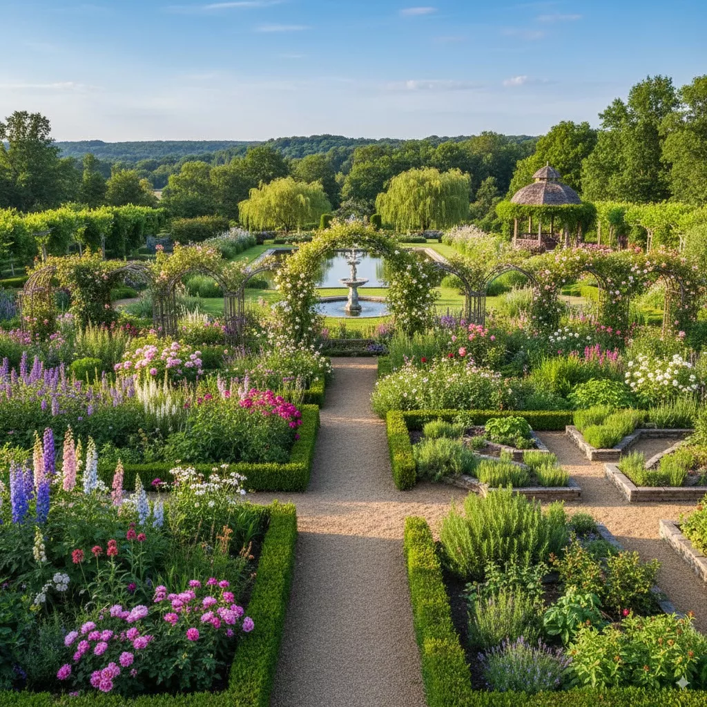 Großen Garten gestalten mit symmetrischen Blumenbeeten, Buchsbaumhecken, Rosenbögen, zentralem Wasserbecken und Pavillon im Hintergrund.