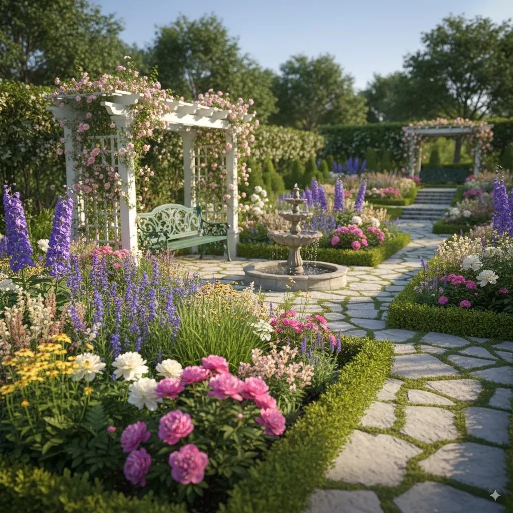 Großen Garten gestalten mit üppigen Staudenbeeten, blühenden Rosen an einer weißen Pergola, zentralem Springbrunnen und Natursteinwegen.