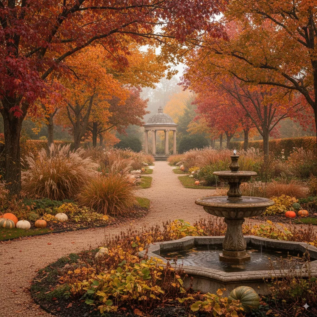 Großen Garten gestalten im Herbst mit farbenprächtigen Bäumen, Ziergräsern, Kürbissen, einem zentralen Springbrunnen und klassischem Pavillon am Ende des Weges.