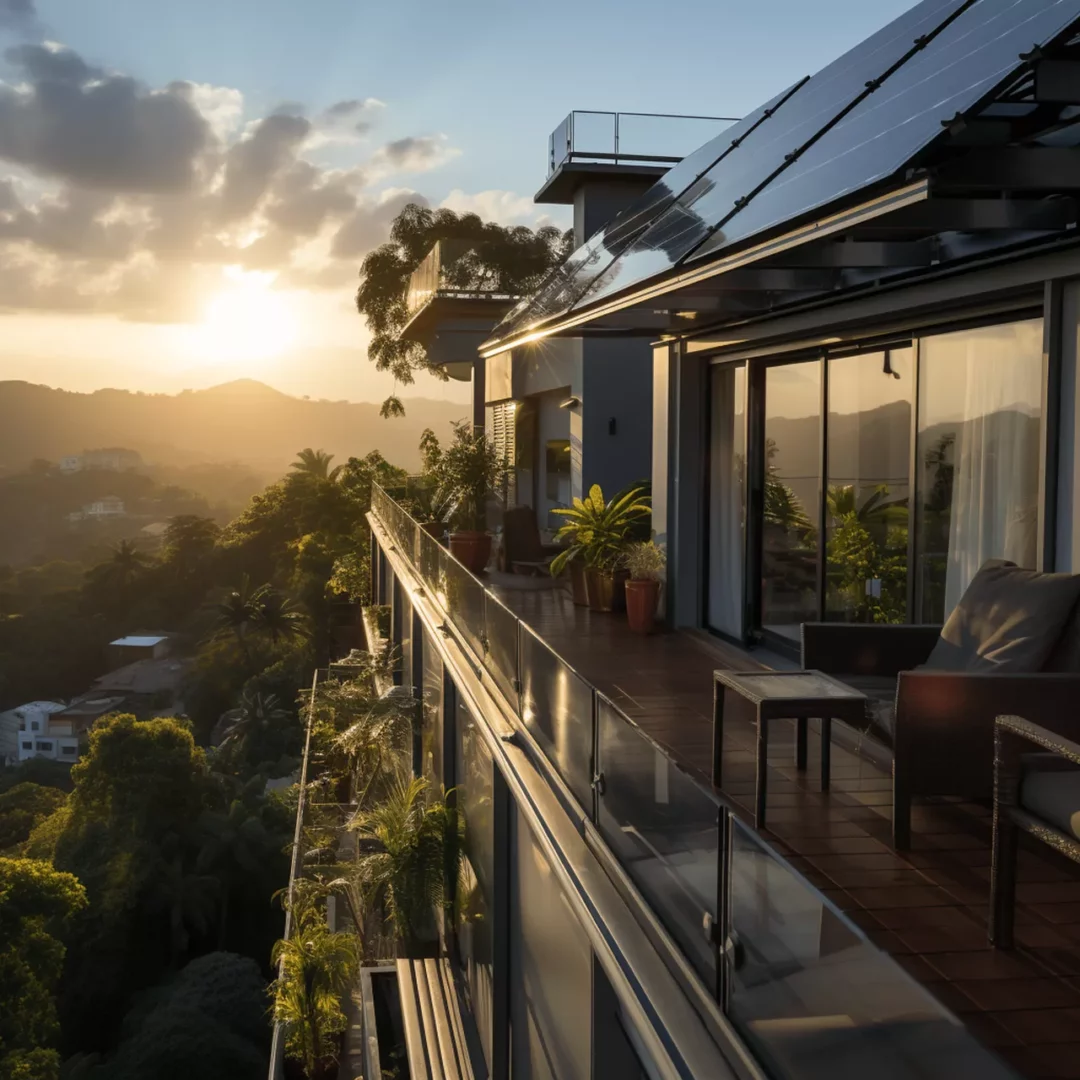 Kombination Wärmepumpe Photovoltaik – modernes Haus mit Solaranlage auf dem Dach bei Sonnenuntergang.