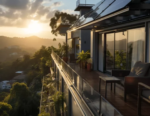 Kombination Wärmepumpe Photovoltaik – modernes Haus mit Solaranlage auf dem Dach bei Sonnenuntergang.