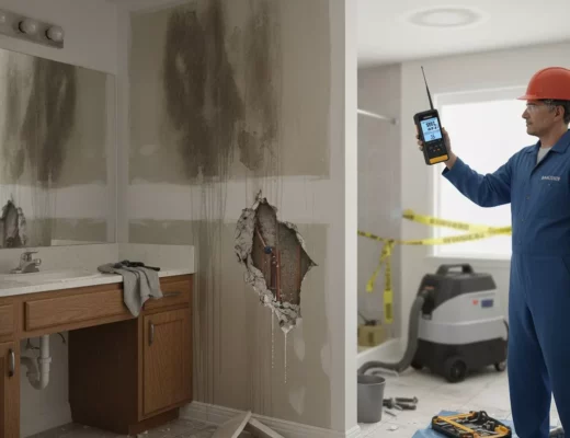 Techniker ortet Wasserschaden im Badezimmer mit Messgerät, feuchte Wände und geöffnete Leitung sichtbar.