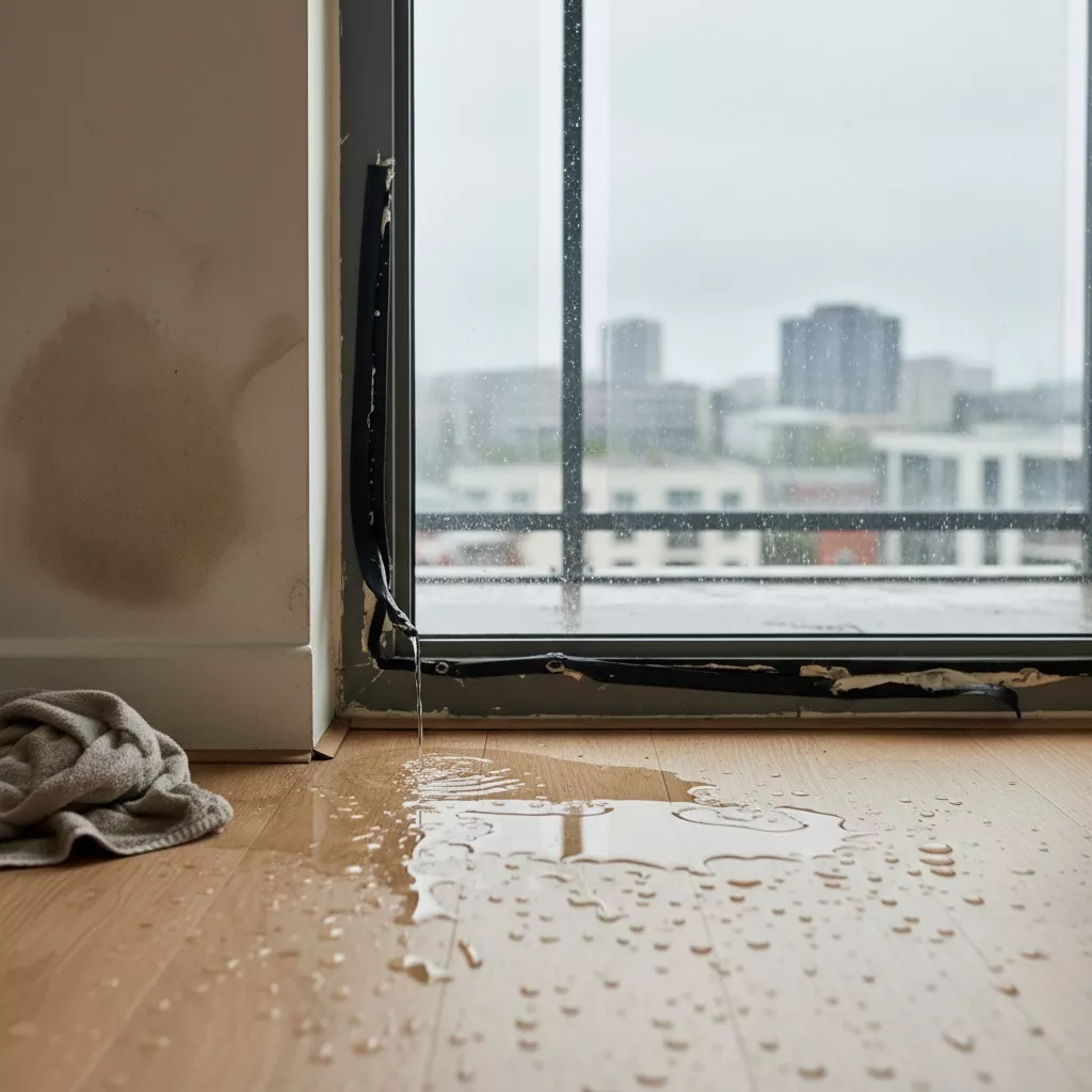 Regenwasser tritt durch undichtes Fenster ein, Wasserschaden an der Wand und Wasser auf dem Holzboden sichtbar.