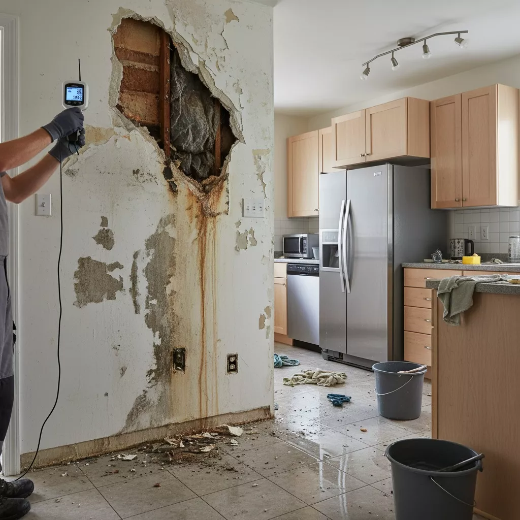 Starker Wasserschaden in einer Küche: offene Wand mit Schimmel und Feuchtigkeit, Boden mit Wasser und Eimern zur Schadensbegrenzung.