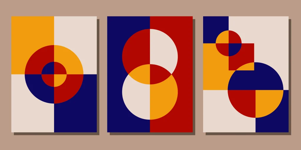 Bauhaus Stil Grafik: drei geometrische Kompositionen mit Kreisen und Quadraten in Primärfarben Rot, Blau, Gelb auf beigem Grund