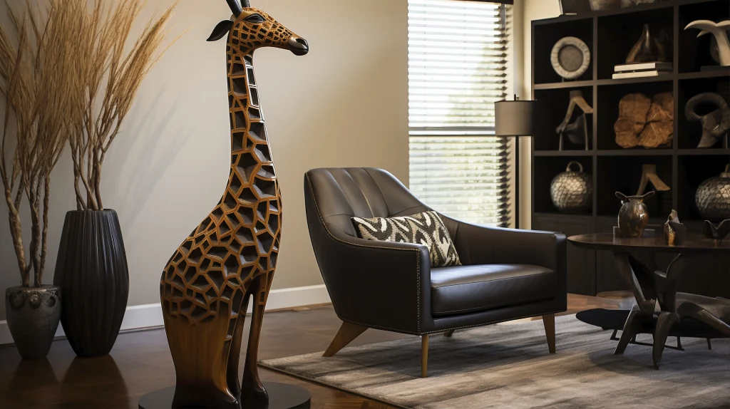 Animal Print im Interieur: Ledersessel mit Zebra-Kissen neben handgefertigter Holz-Giraffenskulptur, grauer Teppich und schwarzes Regal mit Dekoobjekten in einem modernen Wohnzimmer.