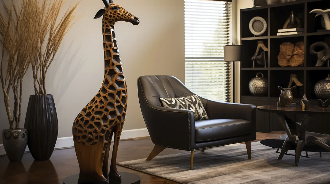 Animal Print im Interieur: Ledersessel mit Zebra-Kissen neben handgefertigter Holz-Giraffenskulptur, grauer Teppich und schwarzes Regal mit Dekoobjekten in einem modernen Wohnzimmer.