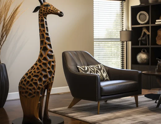 Animal Print im Interieur: Ledersessel mit Zebra-Kissen neben handgefertigter Holz-Giraffenskulptur, grauer Teppich und schwarzes Regal mit Dekoobjekten in einem modernen Wohnzimmer.