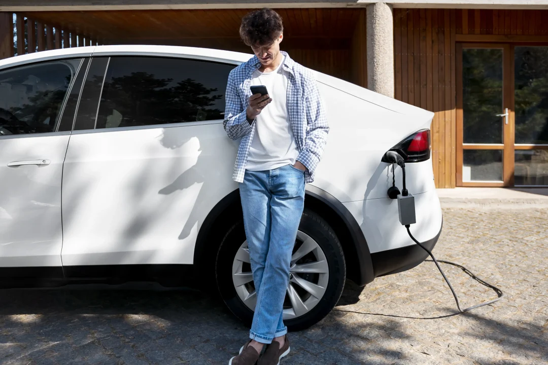 Wallbox lädt ein Elektroauto vor einem modernen Haus; junger Mann checkt Ladefortschritt am Smartphone.