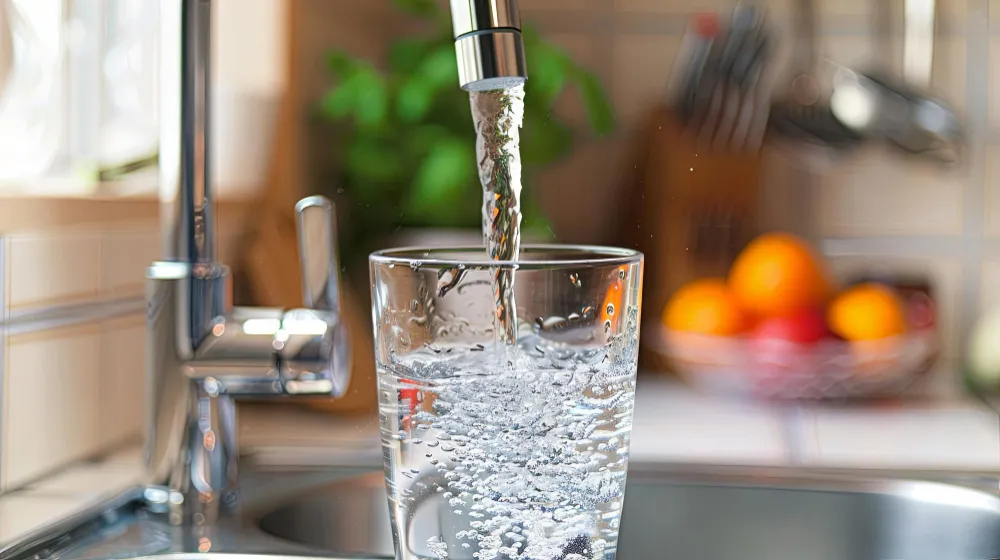 Glas mit frischem Leitungswasser unter laufendem Wasserhahn in moderner Küche