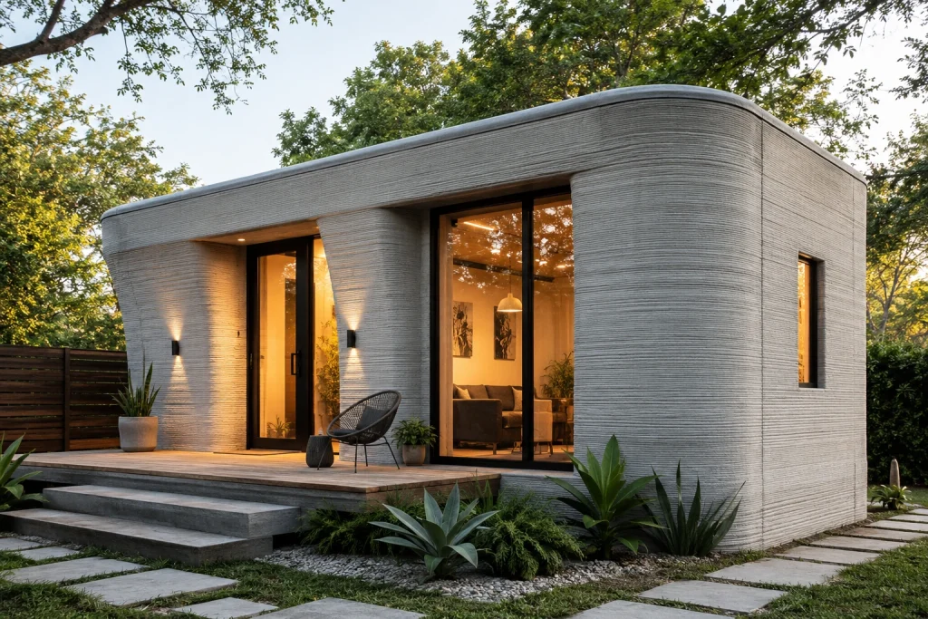 Ein modernes Tiny House, das mit 3D-Druck-Technologie erstellt wurde, zeigt eine innovative Bauweise für bezahlbaren Wohnraum.