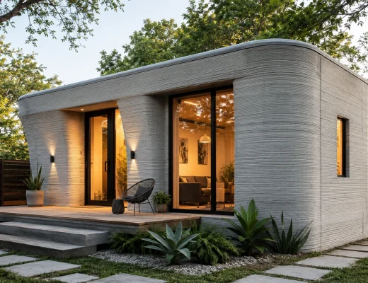 Ein modernes Tiny House, das mit 3D-Druck-Technologie erstellt wurde, zeigt eine innovative Bauweise für bezahlbaren Wohnraum.