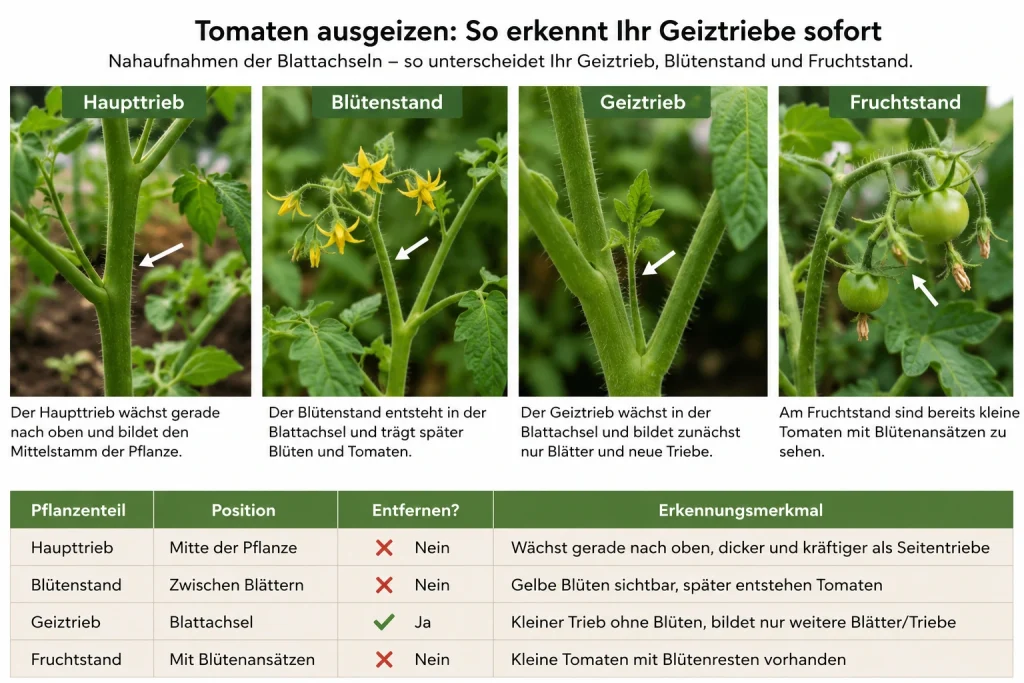 Tomaten ausgeizen - Geiztriebe erkennen