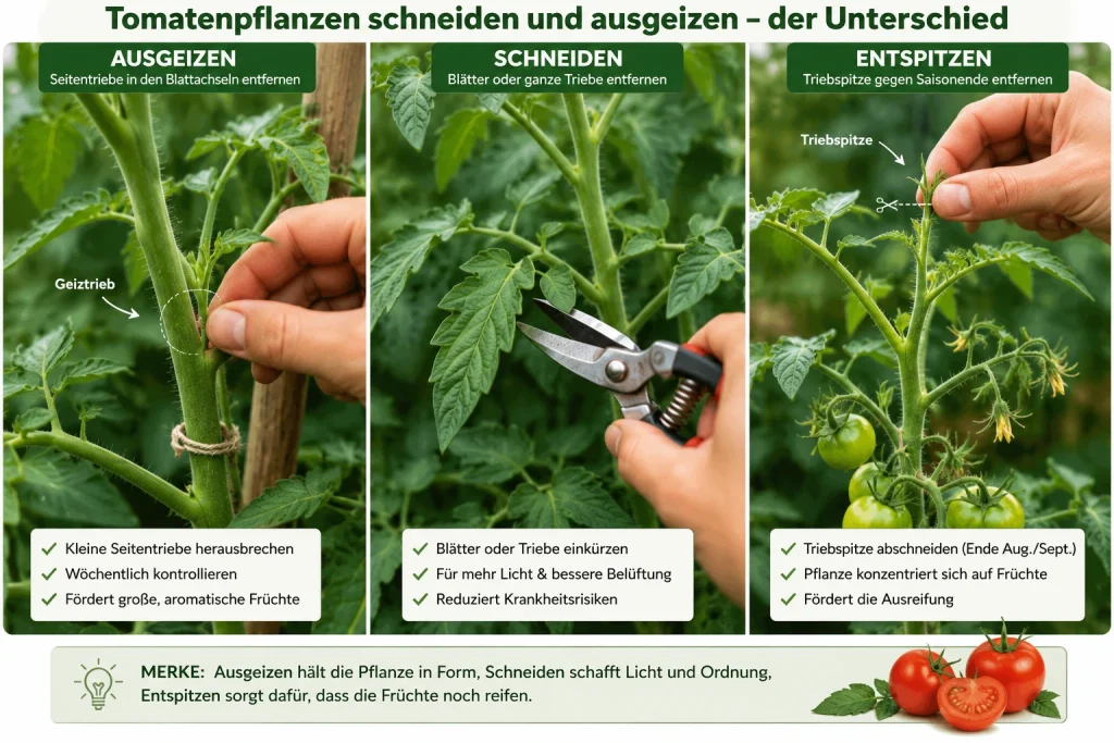 Tomatenpflanzen ausgeizen - schneiden und ausgeizen - der Unterschied