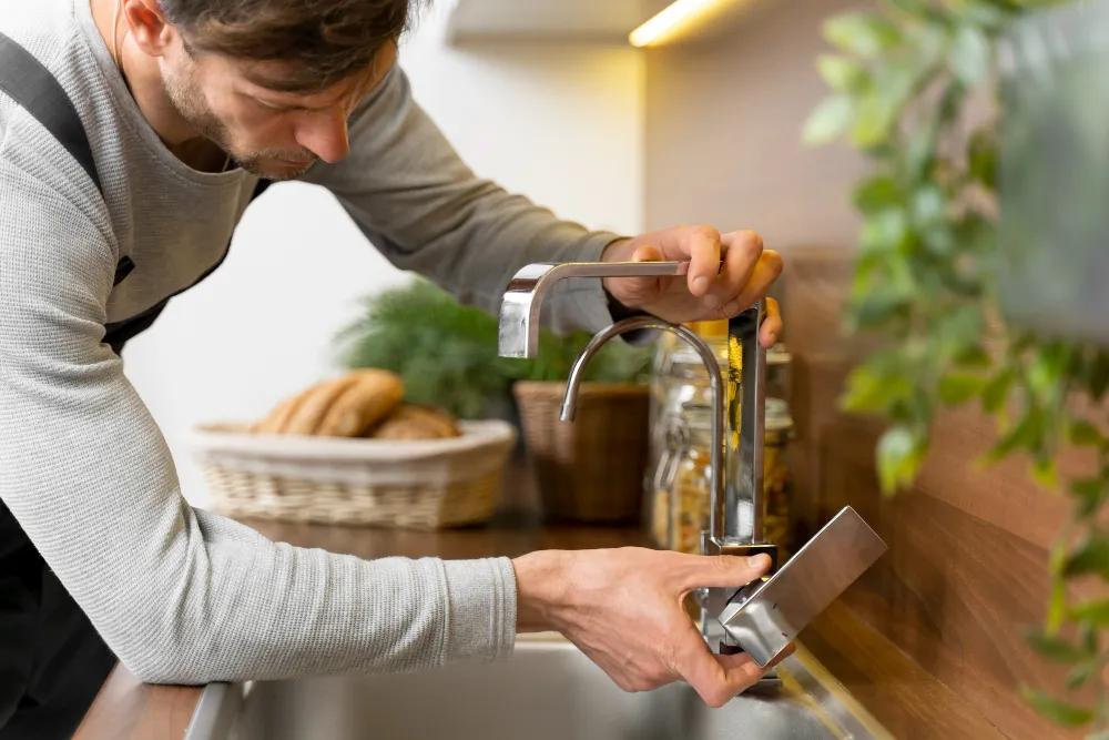 Mann überprüft einen Wasserhahn in einer Küche