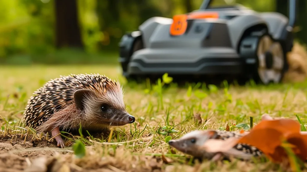 Igel auf einer Rasenfläche mit Mähroboter im Hintergrund – Nachtfahrverbote sollen Igel vor Verletzungen schützen.