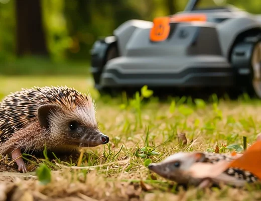 Igel auf einer Rasenfläche mit Mähroboter im Hintergrund – Nachtfahrverbote sollen Igel vor Verletzungen schützen.